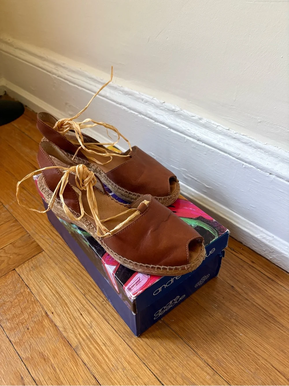 andre assous brown leather espadrille wedge sandals with raffia ties